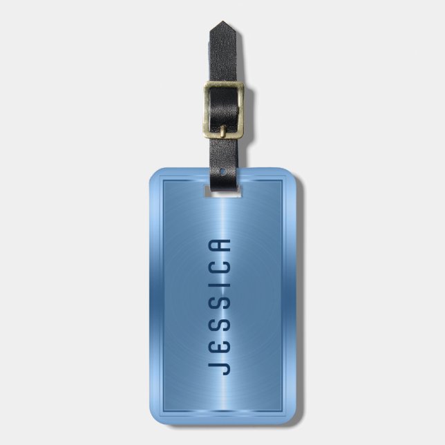 Shiny Metallic Blue Stainless Steel Look Luggage Tag (Front Vertical)