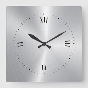 Shiny Metallic Gray-Stainless Steel Look Square Wall Clock