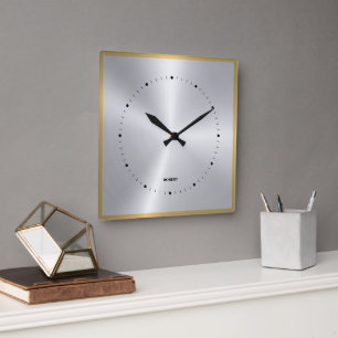 Shiny Metallic Silver Gray Gold Accent Square Wall Clock