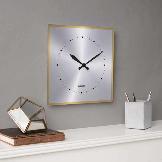 Shiny Metallic Silver Grey Gold Accent Square Wall Clock (Office)