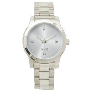 Shiny Metallic Silver Roman Numerals Monogram Watch