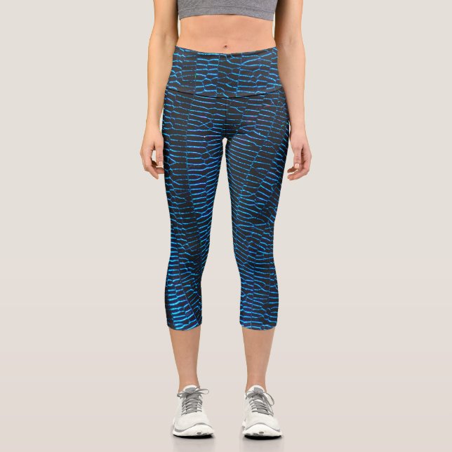 Shiny metallic vibrant neon blue abstract pattern  capri leggings (Front)
