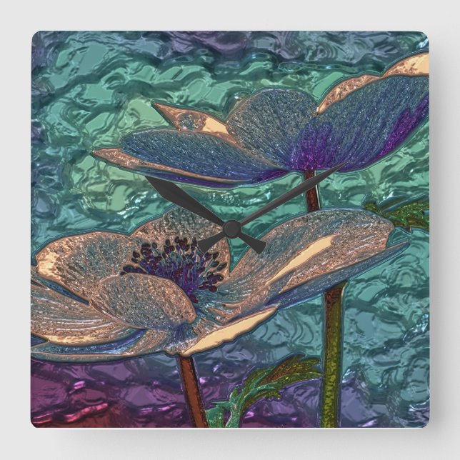 Shiny metallizer blue flower glass wall clock (Front)