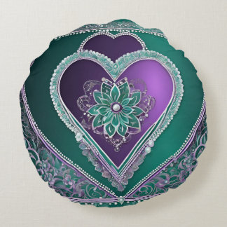 Shiny Minty Heart AI art  Round Cushion