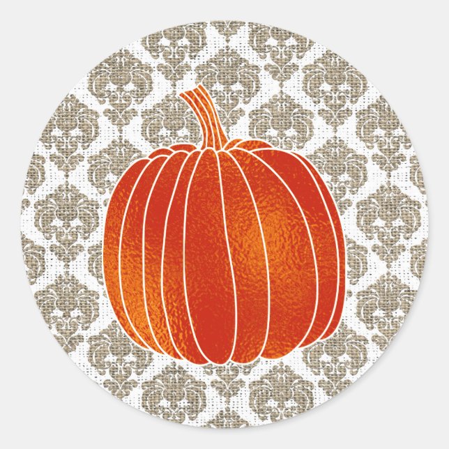 Shiny Orange Autumn Pumpkin Burlap White Damask Classic Round Sticker (Front)