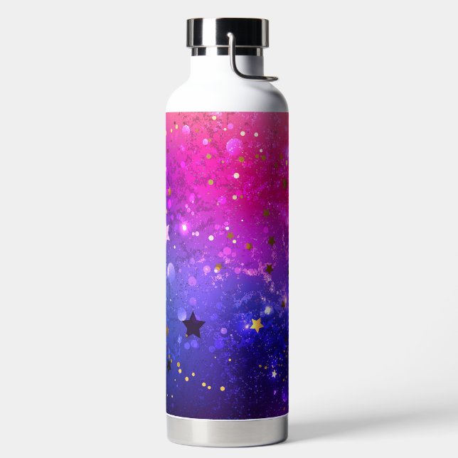 Shiny Pink Blue Background Water Bottle (Left)