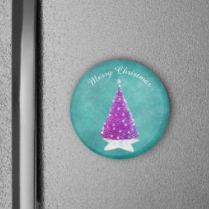 Shiny Pink Christmas Tree Silver Stars Teal Magnet