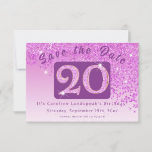 Shiny Pink Glitter for 20th Birthday  Save The Date