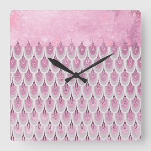 Shiny Pink Glitter Mermaid Fish Scales Square Wall Clock
