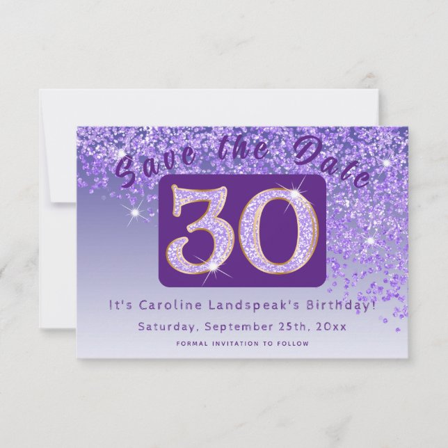Shiny Purple Glitter for 30th Birthday  Save The Date (Front)