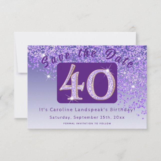 Shiny Purple Glitter for 40th Birthday Save The Date (Front)