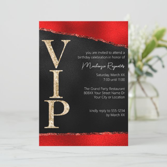Shiny Red and Gold Glitter Glamourous VIP Party Invitation (Standing Front)