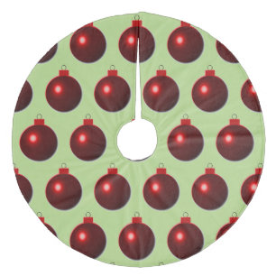 Shiny Red Ball Merry Christmas Ornaments on Green Fleece Tree Skirt