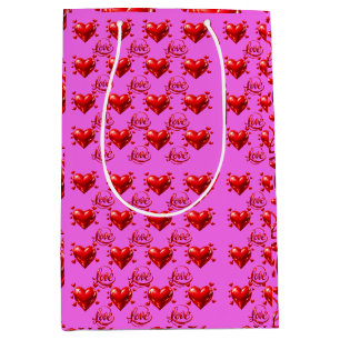 Shiny Red Hearts and Love Script Romantic Pink Wra Medium Gift Bag