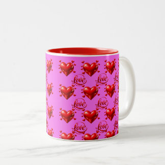 Shiny Red Hearts and Love Script Romantic Pink Wra Two-Tone Coffee Mug