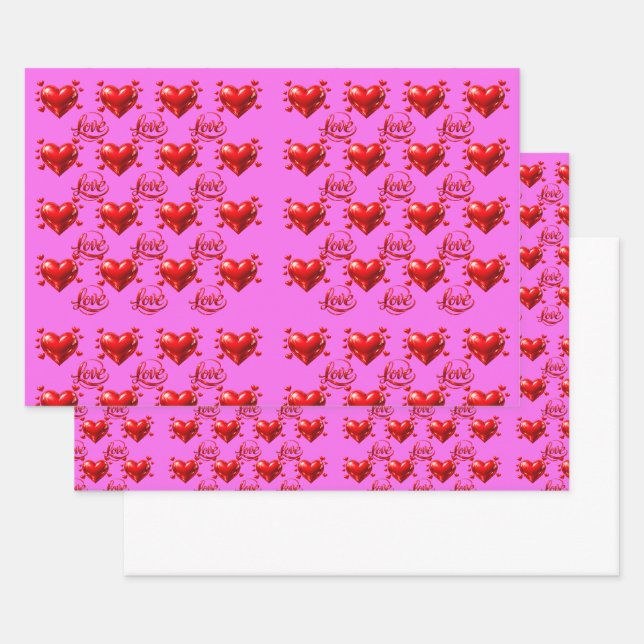 Shiny Red Hearts and Love Script Romantic Pink Wra Wrapping Paper Sheet (Set)