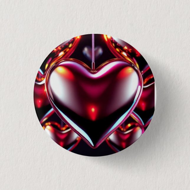 Shiny Red Metallic Heart 3 Cm Round Badge (Front)