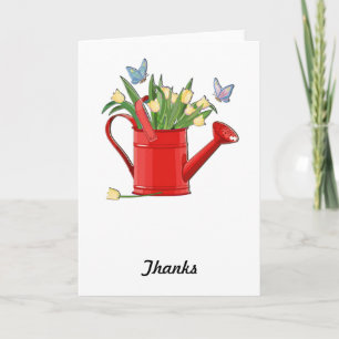 Shiny Red Watering Can with Yellow Tulips Thank You Card