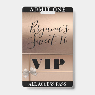Shiny Rose Gold & Bow Sweet 16 Party VIP Pass ID Badge