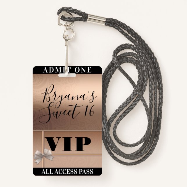 Shiny Rose Gold & Bow Sweet 16 Party VIP Pass ID Badge (Front with Lanyard)