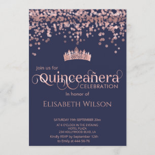 Shiny rose gold confetti  tiara Quinceañera navy Invitation