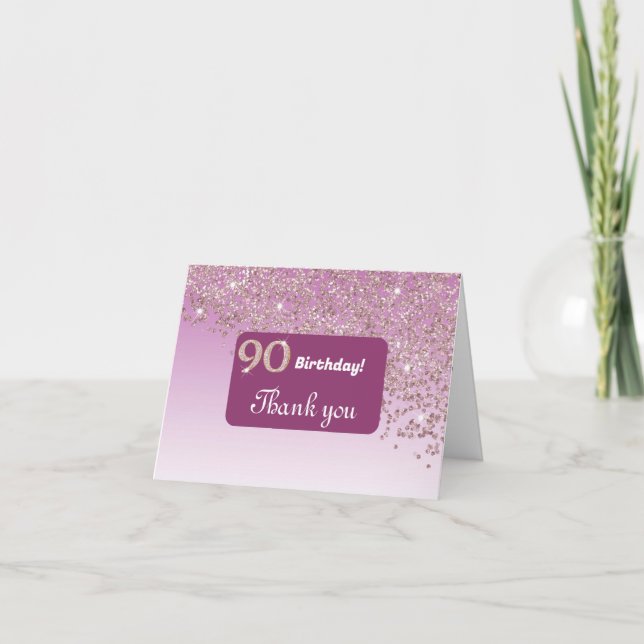 Shiny Rose Gold Glitter, 90th Birthday Thank You Card (Front)