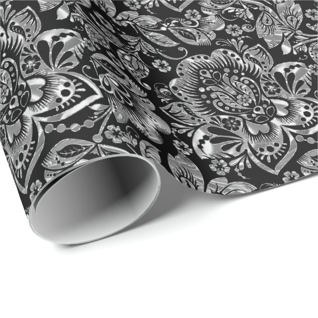 Shiny Silver Baroque Floral Damasks On White Wrapping Paper (Roll Corner)