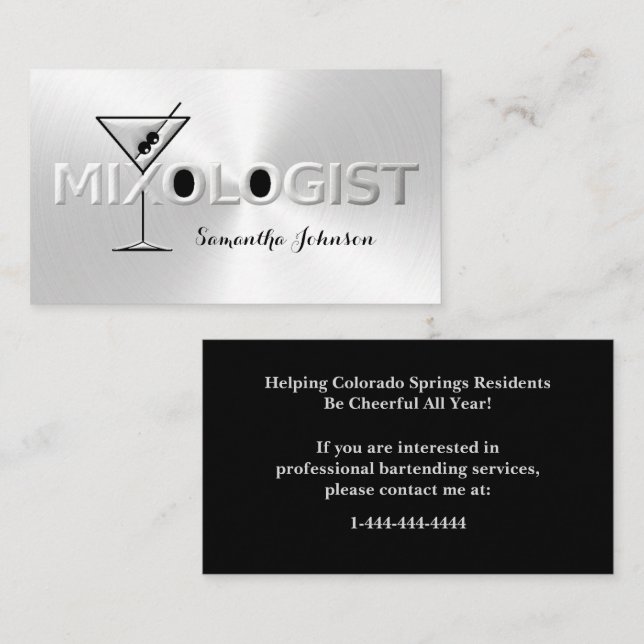 Shiny Silver & Black Bartender Event Business Card (Front/Back)
