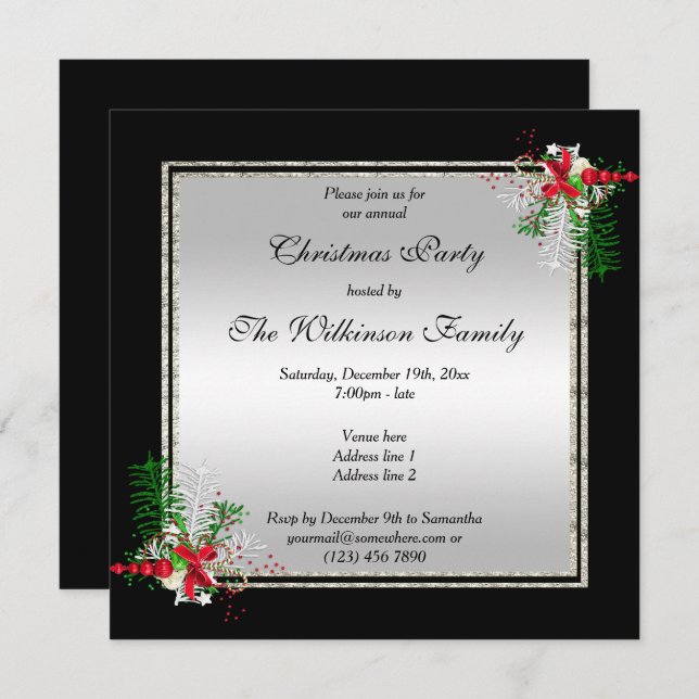 Shiny Silver & Black, Corner Decorations Christmas Invitation (Front/Back)
