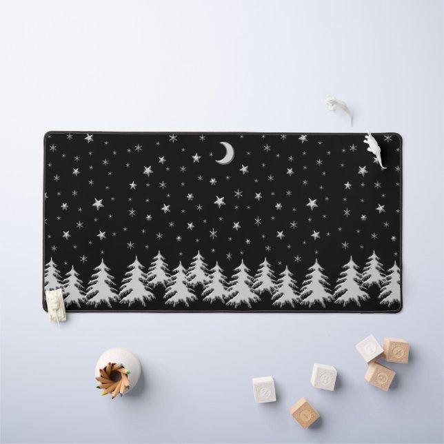 Shiny silver Christmas Tree and Stars on black   Desk Mat (Kids Table)