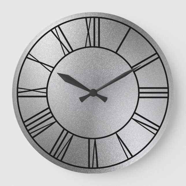 Shiny Silver Foil Black Roman Numerals Large Clock (Front)