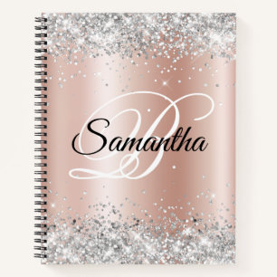 Shiny Silver Glitter Pale Rose Gold Foil Monogram Notebook