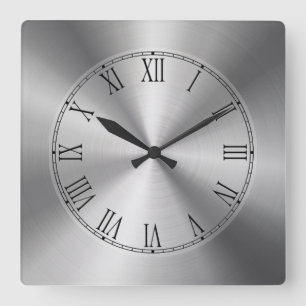 Shiny Silver Metallic Design-Stainless Steel Look Square Wall Clock