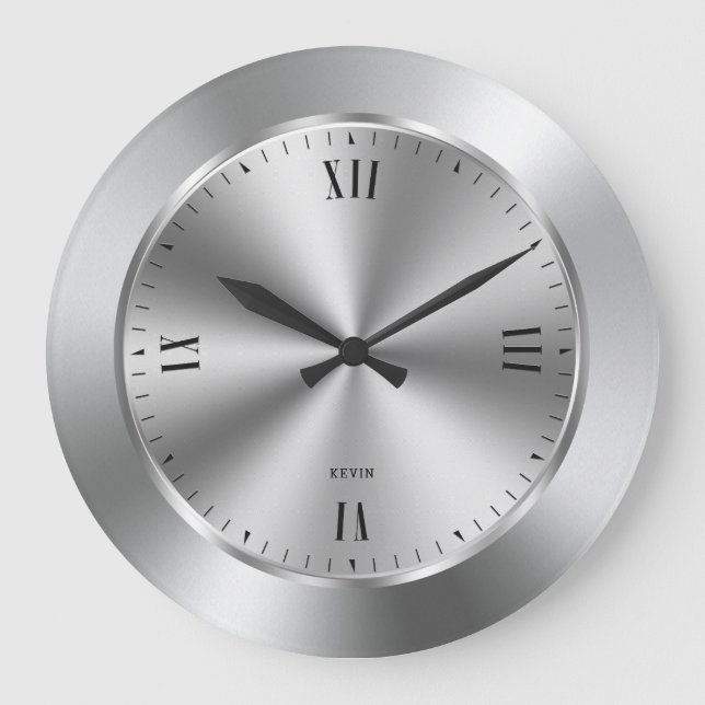 Shiny Silver Stainless Steel Large Clock (Front)