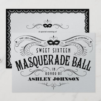 Shiny Silver Sweet 16 Masquerade Ball Invitations