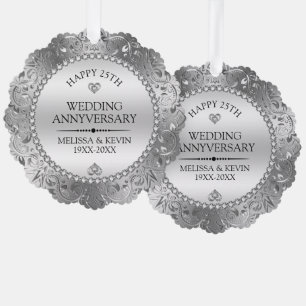 Shiny Silver Swirls Frame 25th wedding Tree Decoration Card