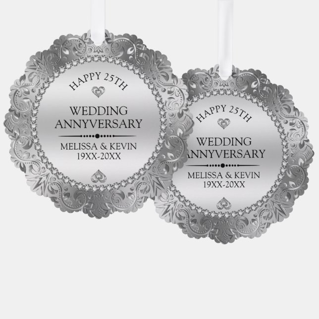 Shiny Silver Swirls Frame 25th wedding Tree Decoration Card (Front/Back)