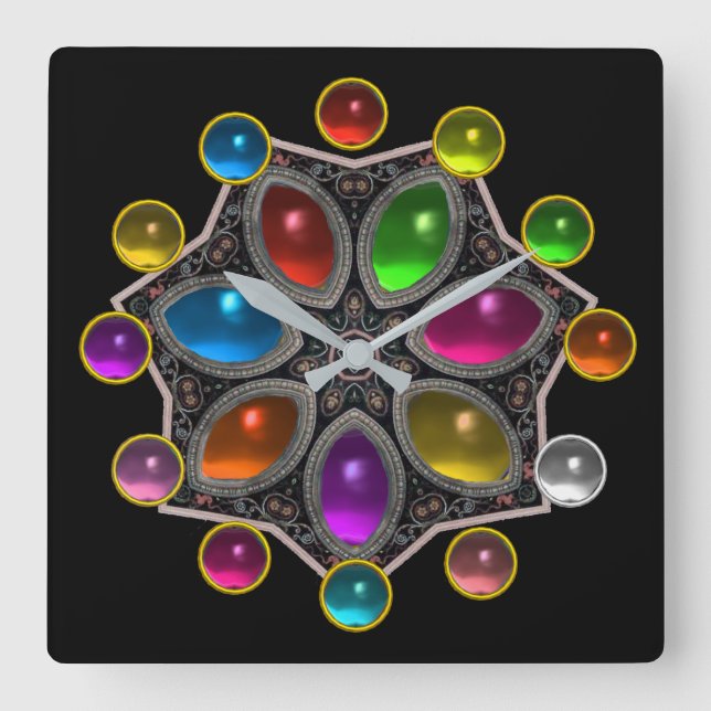 SHINY STAR WITH COLORFUL GEMSTONES ,Black Square Wall Clock (Front)