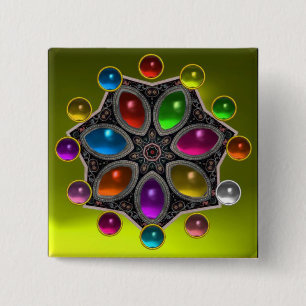 SHINY STAR WITH COLORFUL GEMSTONES Gold Yellow 15 Cm Square Badge