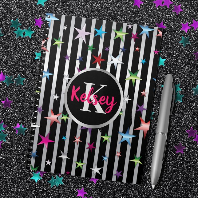 Shiny Stars On Black and Silver Stripes with Name Notebook (Creator Uploaded)