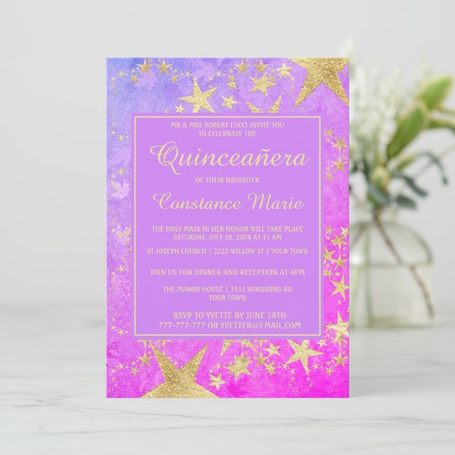 Shiny Stars Quinceanera Invitation (Standing Front)