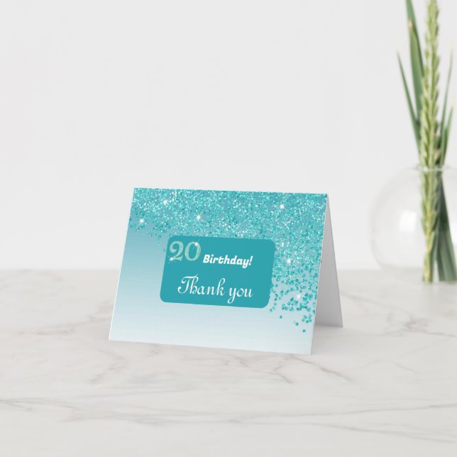 Shiny Teal Blue Glitter, 20th Birthday Thank You Card (Front)