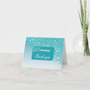 Shiny Teal Blue Glitter, 50th Birthday Thank You Card