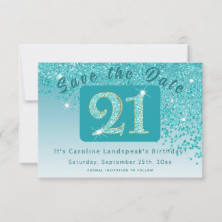 Shiny Teal Blue Glitter for 21st Birthday Save The Date