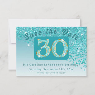 Shiny Teal Blue Glitter for 30th Birthday  Save The Date