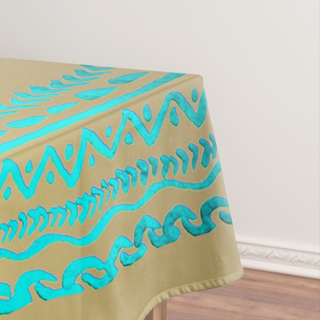 Shiny Teal Turquoise Tribal Pattern on Gold  Tablecloth (In Situ)