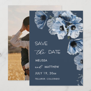 Shiny Transparent Blue Flowers Arched Save The Date