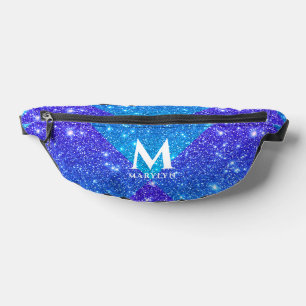 Shiny Turquoise Blue Glitter With White Monogram Bum Bags