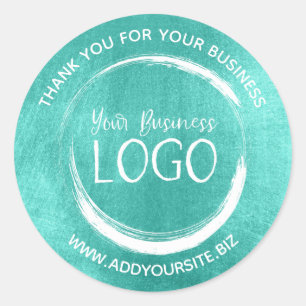 Shiny Turquoise Thank You Business Logo Classic Round Sticker