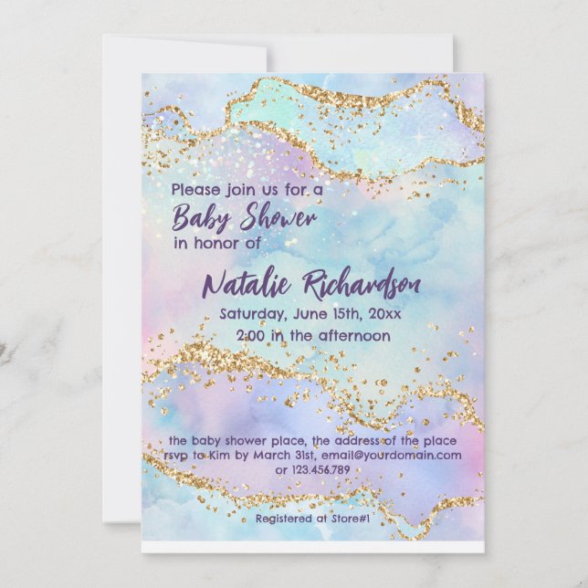 Shiny Watercolor Glitter Purple Girls Baby Shower Invitation (Front)